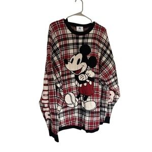 Disney Spirit Jersey Mickey Mouse Plaid Knit Sweater Red Black White XL
